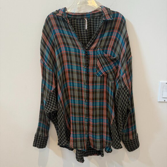 Free People One of the Guys Plaid Button Down, Green Combo, size M - Picture 3 of 9
